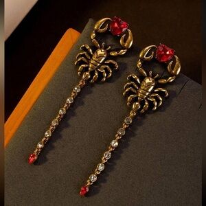 Gothic Scorpion Drop Earrings | Red Crystal Heart & Rhinestone Tail